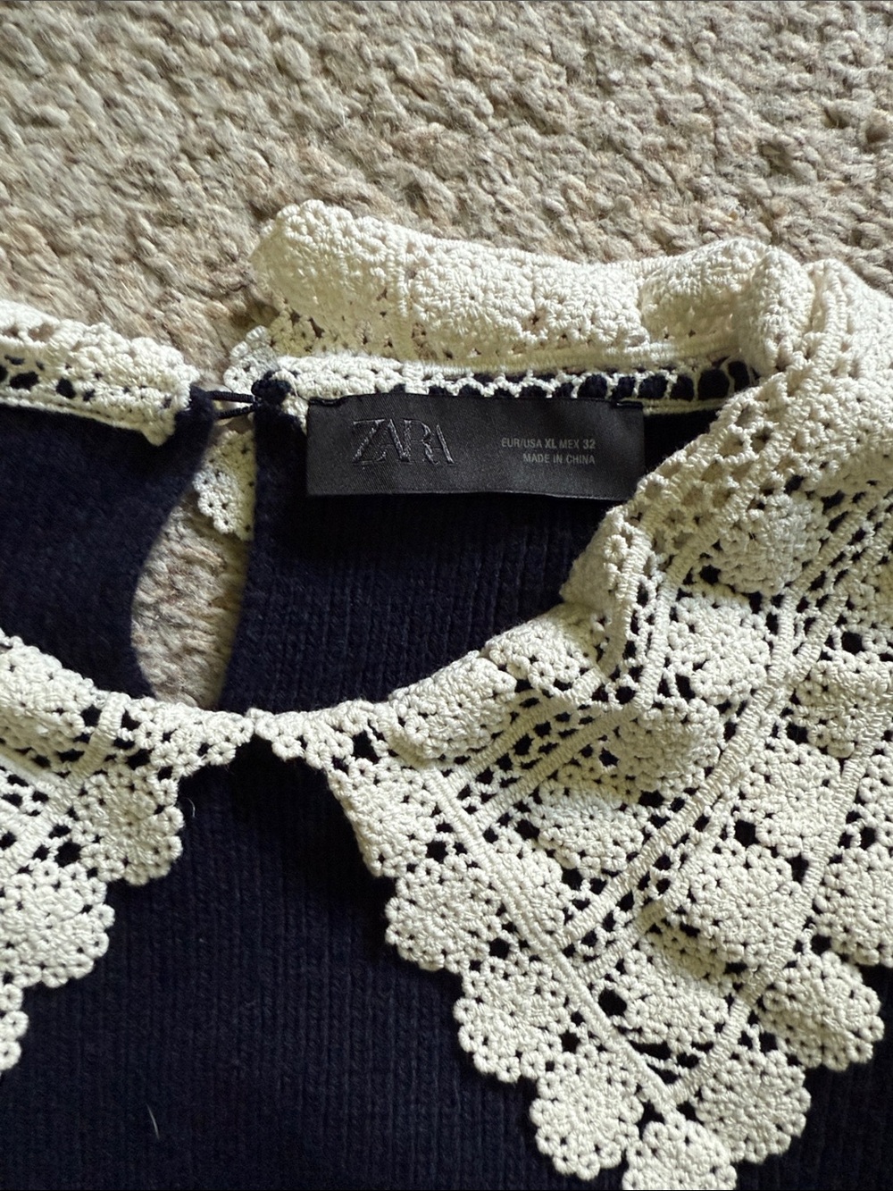 Zara Navy Sweater with Cream Crochet Collar - Picture 2 of 3